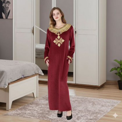 قميص نوم مخمل ستاتي لون خمري