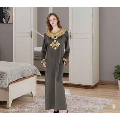 قميص نوم مخمل ستاتي لون رمادي غامق