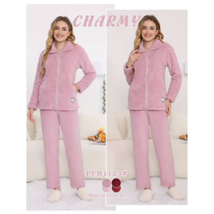 بجامة مخمل قطعتين بسحاب من CHARMY للنساء لون زهري فاتح