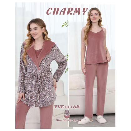 بجامة مخمل ثلاث قطع من CHARMY للنساء لون زهري فاتح