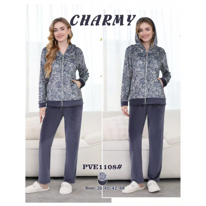 بجامة مخمل بطاقية من CHARMY للنساء لون ازرق بترولي