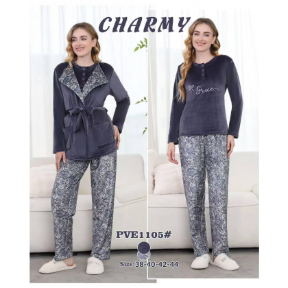 بجامة مخمل ثلاث قطع من CHARMY للنساء لون ازرق بترولي