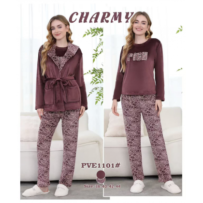 بجامة مخمل بأزرار من CHARMY للنساء لون بني فاتح