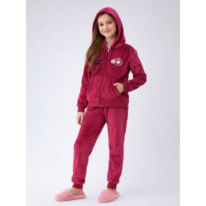 بجامة مخمل قطعتين بسحاب وطاقية بناتي لون أخضر فيروزي