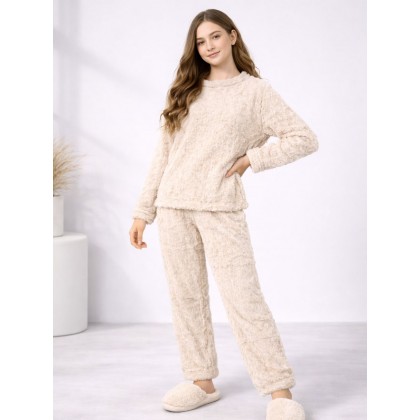 بجامة فرو قطعتين ستاتي ون سايز لون بيج