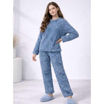 بجامة فرو قطعتين ستاتي ون سايز لون أزرق بترولي