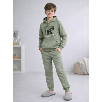 بجامة قطعتين بطاقية ولادي لون زيتي