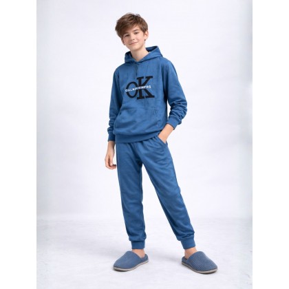 بجامة مخمل قطعتين بطاقية ولادي لون أزرق