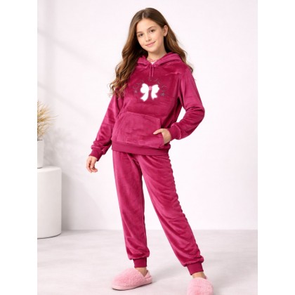 بجامة مخمل قطعتين بطاقية بناتي لون فوشي