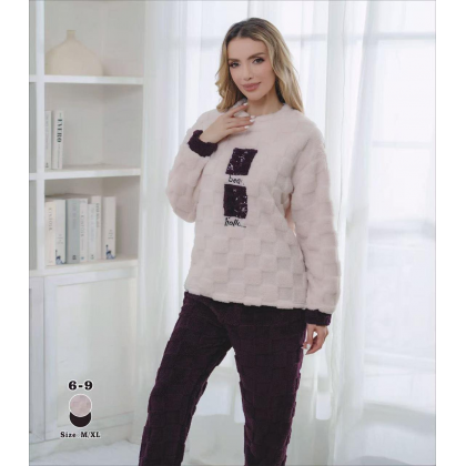 بجامة فرو قطعتين للنساء لون بيج وخمري