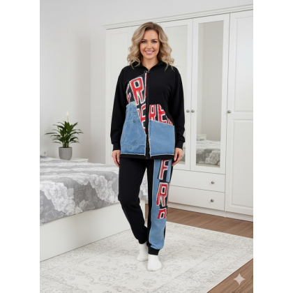 بجامة فوتر بأكمام طويلة وسحاب للنساء لون اسود