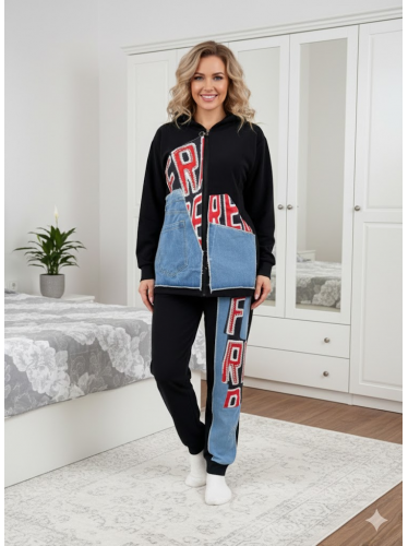 بجامة فوتر بأكمام طويلة وسحاب للنساء لون اسود