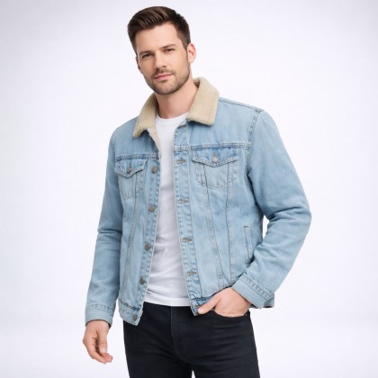 ستره جينز شبابي شتويه مبطن فرو لون ازرق فاتح