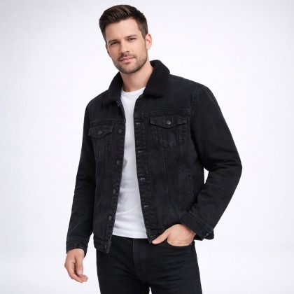 ستره جينز شبابي شتويه مبطن فرو لون اسود