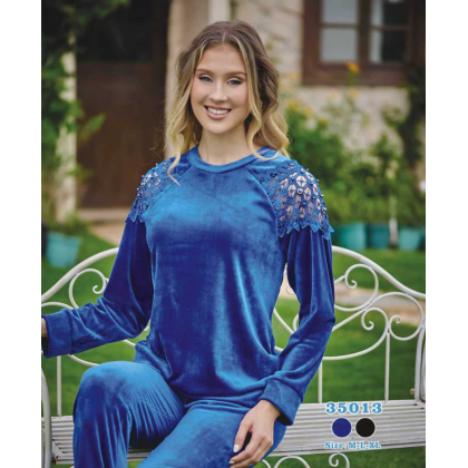 بجامة مخمل بأكمام طويلة للنساء لون أزرق