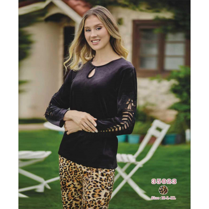 بجامة قطعتين بأكمام طويلة للنساء لون جلد النمر