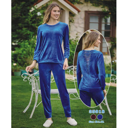 بجامة مخمل بأكمام طويلة للنساء لون أزرق