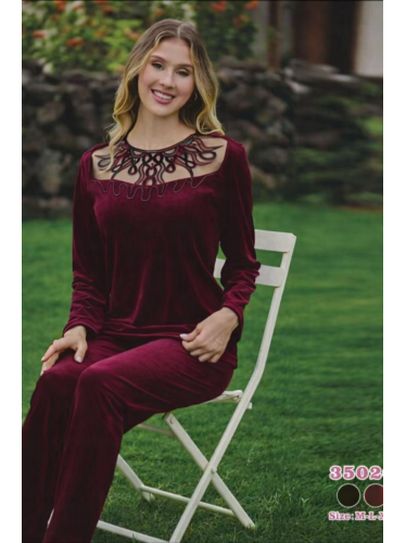 بجامة مخمل بأكمام طويلة للنساء لون خمري