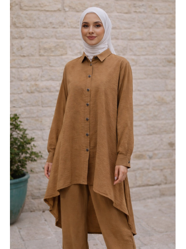 طقم ستاتي قطعتين قميص وبنطلون لون بيج 