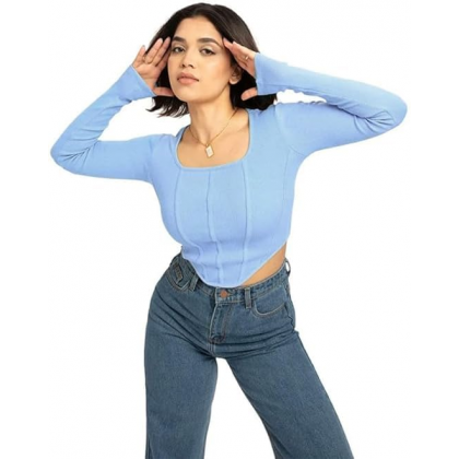 بلوزن قطنية بباقة رقبة مربعة للنساء لون ازرق فاتح