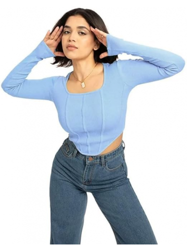 بلوزن قطنية بباقة رقبة مربعة للنساء لون ازرق فاتح
