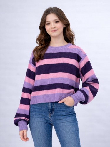 بلوزة صوف ستاتي لون بنفسجي وزهري مخطط