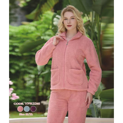 بجامة فرو نسائية قطعتين بسحاب لون ازرق فاتج