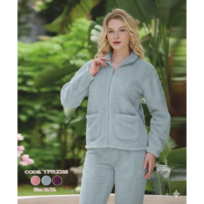 بجامة فرو نسائية قطعتين بسحاب لون ازرق فاتح