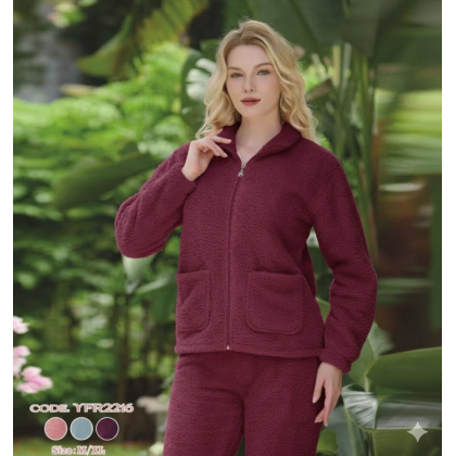 بجامة فرو نسائية قطعتين بسحاب لون خمري
