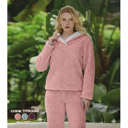 بجامة فرو نسائية قطعتين لون زهري