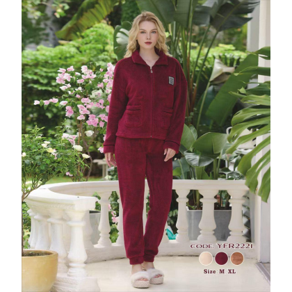 بجامة فرو نسائية بسحاب لون خمري