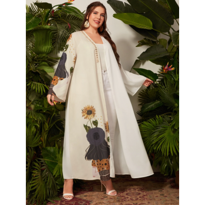 عباية مزخرفة دوار الشمس للنساء لون ابيض