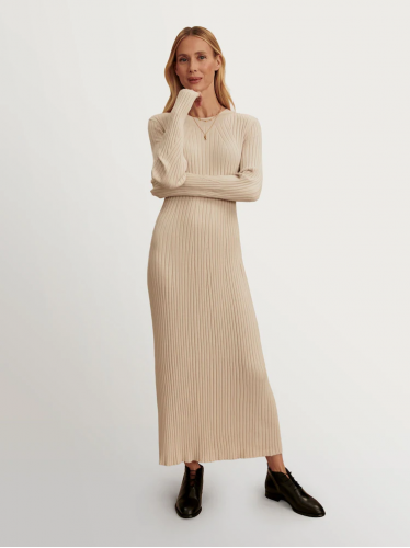 فستان ستاتي طويل لون بيج