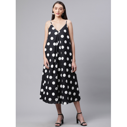 فستان بتصميم حفر للنساء لون اسود بدوائر بيضاء