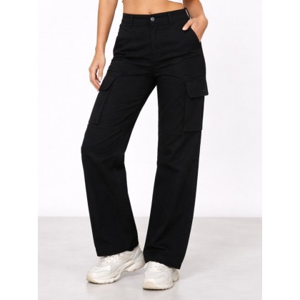 بنطلون نسائي بتصميم ارجل واسعة وخصر عالي مع جيوب جانبية لون أسود