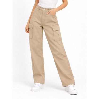 بنطلون نسائي بتصميم ارجل واسعة وخصر عالي مع جيوب جانبية لون بيج