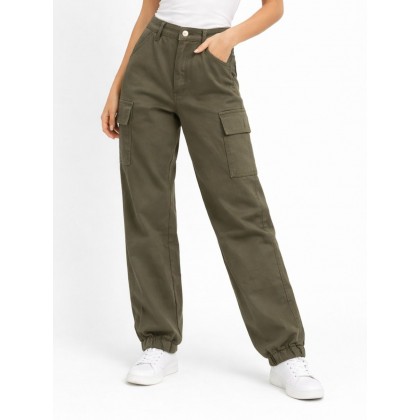 بنطلون نسائي خصر عالي مع جيوب جانبية لون زيتي