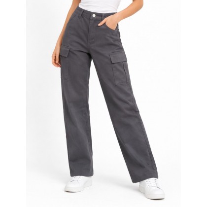 بنطلون نسائي خصر عالي مع جيوب جانبية لون رمادي