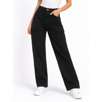 بنطلون نسائي بتصميم ارجل واسعة وخصر عالي مع جيوب جانبية لون أسود