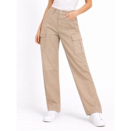 بنطلون نسائي بتصميم ارجل واسعة وخصر عالي مع جيوب جانبية لون بيج