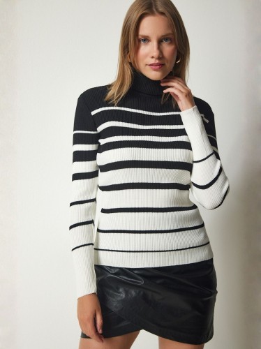 بلوزة ستاتي شتوي أسود مخطط أبيض