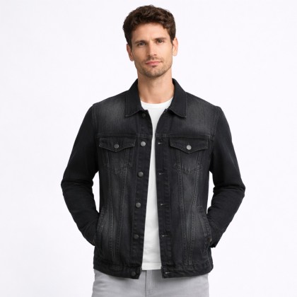 جاكيت جينز بأزرار وأكمام طويلة للرجال لون اسود