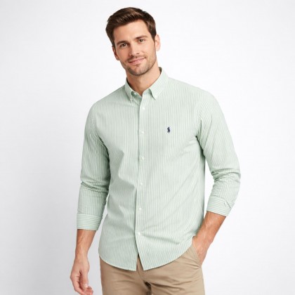 قميص رجالي قطني مخطط ابيض واخضر