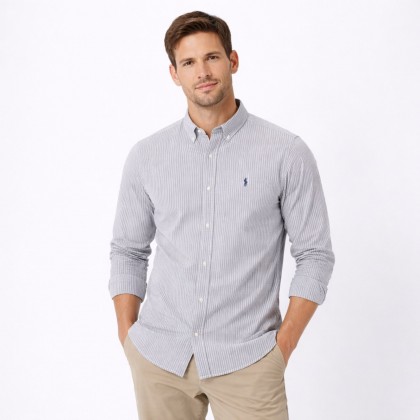 قميص رجالي قطني مخطط ابيض ورمادي