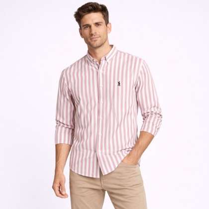 قميص رجالي قطني مخطط ابيض وخمري فاتح