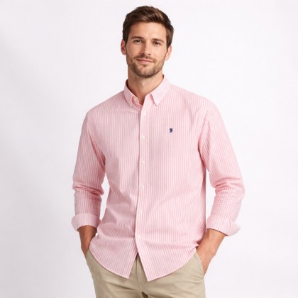 قميص رجالي قطني مخطط ابيض وبرتقالي