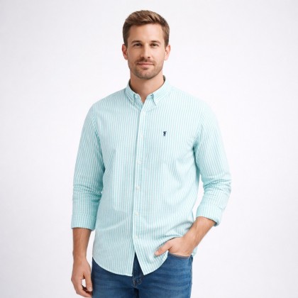 قميص رجالي قطني مخطط ابيض واخضر