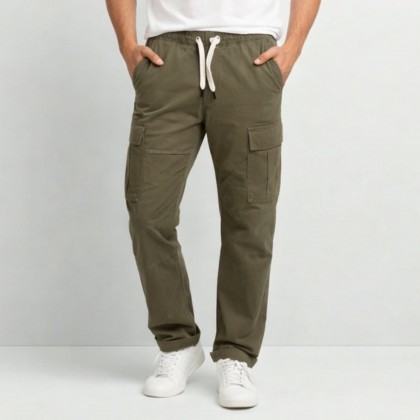 بنطلون رجالي قطن بتصميم جيوب جانبية لون زيتي