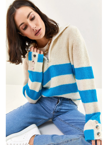 بلوزة ستاتي لون بيج وأزرق