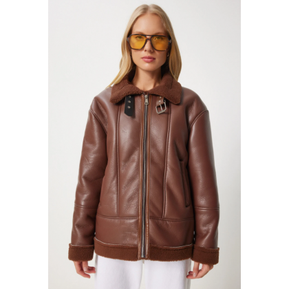 جاكيت جلد من الداخل فرو باللون البني